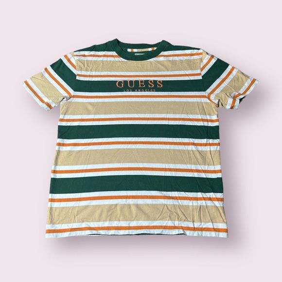 Guess Other - Men’s Guess Los Angeles Tan White Green Orange Stripe S/S Tee Shirt Sz Small